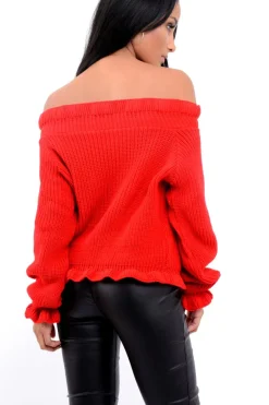 Rebellious Fashion Red Knitted Ruffle Jumper with Elasticated hems - Eve