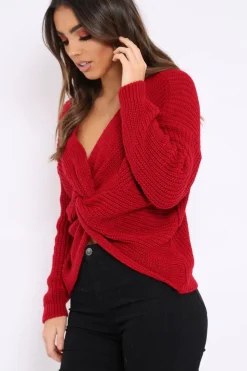 Rebellious Fashion Red Knot Back Knit Jumper - Kerri