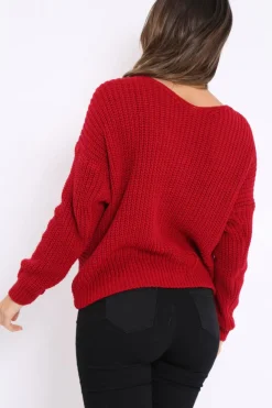 Rebellious Fashion Red Knot Back Knit Jumper - Kerri