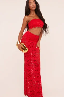 Rebellious Fashion Red Lace Bandeau Cropped Top & Maxi Skirt Co-ord Set - Nian