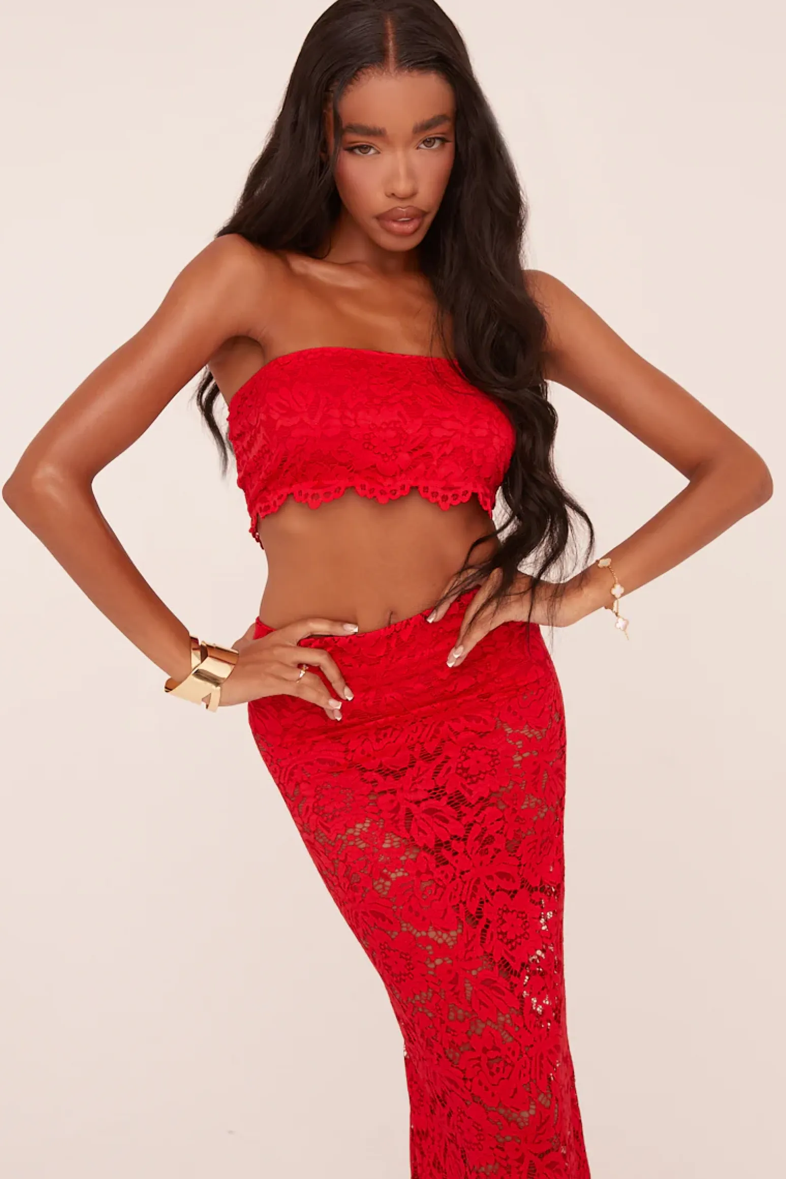 Rebellious Fashion Red Lace Bandeau Cropped Top & Maxi Skirt Co-ord Set - Nian