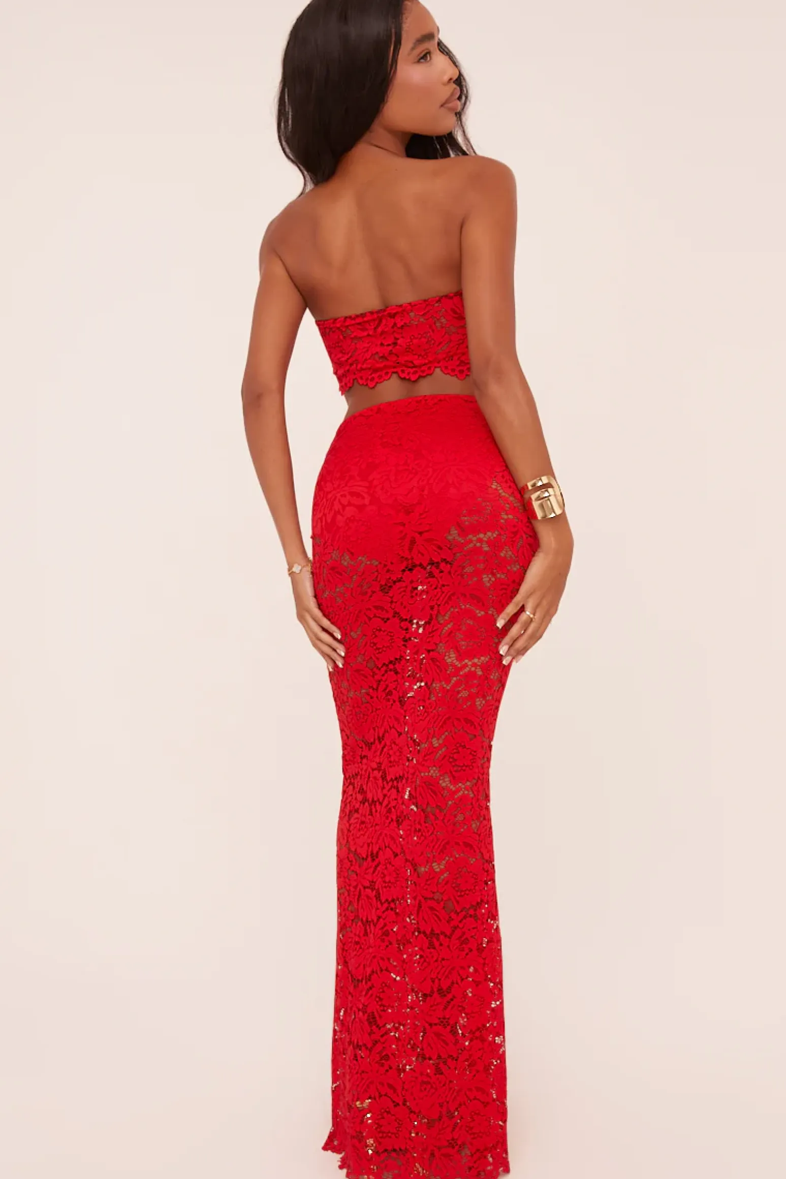 Rebellious Fashion Red Lace Bandeau Cropped Top & Maxi Skirt Co-ord Set - Nian