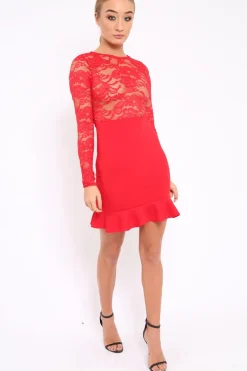Rebellious Fashion Red Lace Bodycon Dress - Stacey