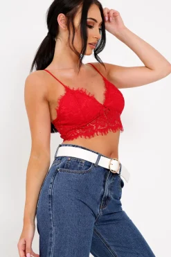Rebellious Fashion Red Lace Cami Strap Crop Top - Lesta