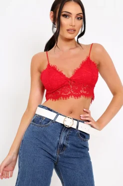 Rebellious Fashion Red Lace Cami Strap Crop Top - Lesta