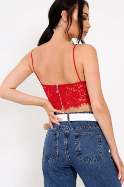 Rebellious Fashion Red Lace Cami Strap Crop Top - Lesta