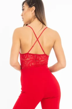 Rebellious Fashion Red Lace Cross Back Bodysuit - Brogan