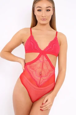 Rebellious Fashion Red Lace Cut Out Bodysuit - Brina
