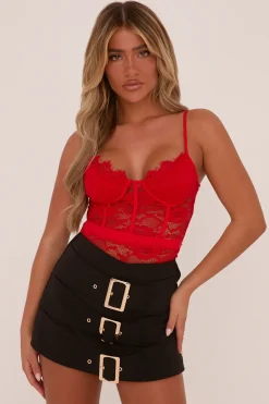 Rebellious Fashion Red Lace Flower Bodysuit - Faylen