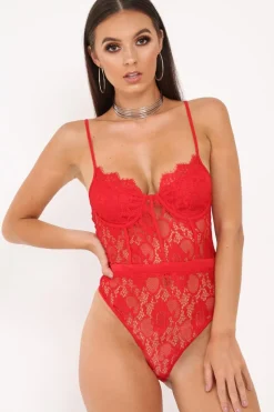 Rebellious Fashion Red Lace Flower Bodysuit - Faylen