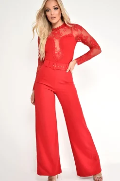 Rebellious Fashion Red Lace Mesh Insert Plunge Bodysuit - Taylen