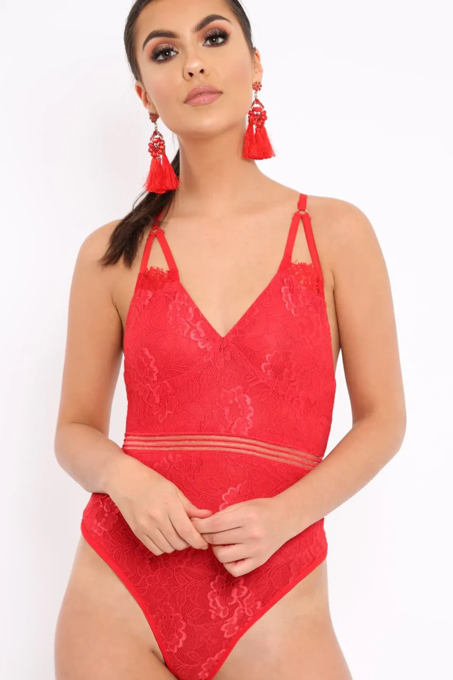 Rebellious Fashion Red Lace Open Back Bodysuit - Naomie