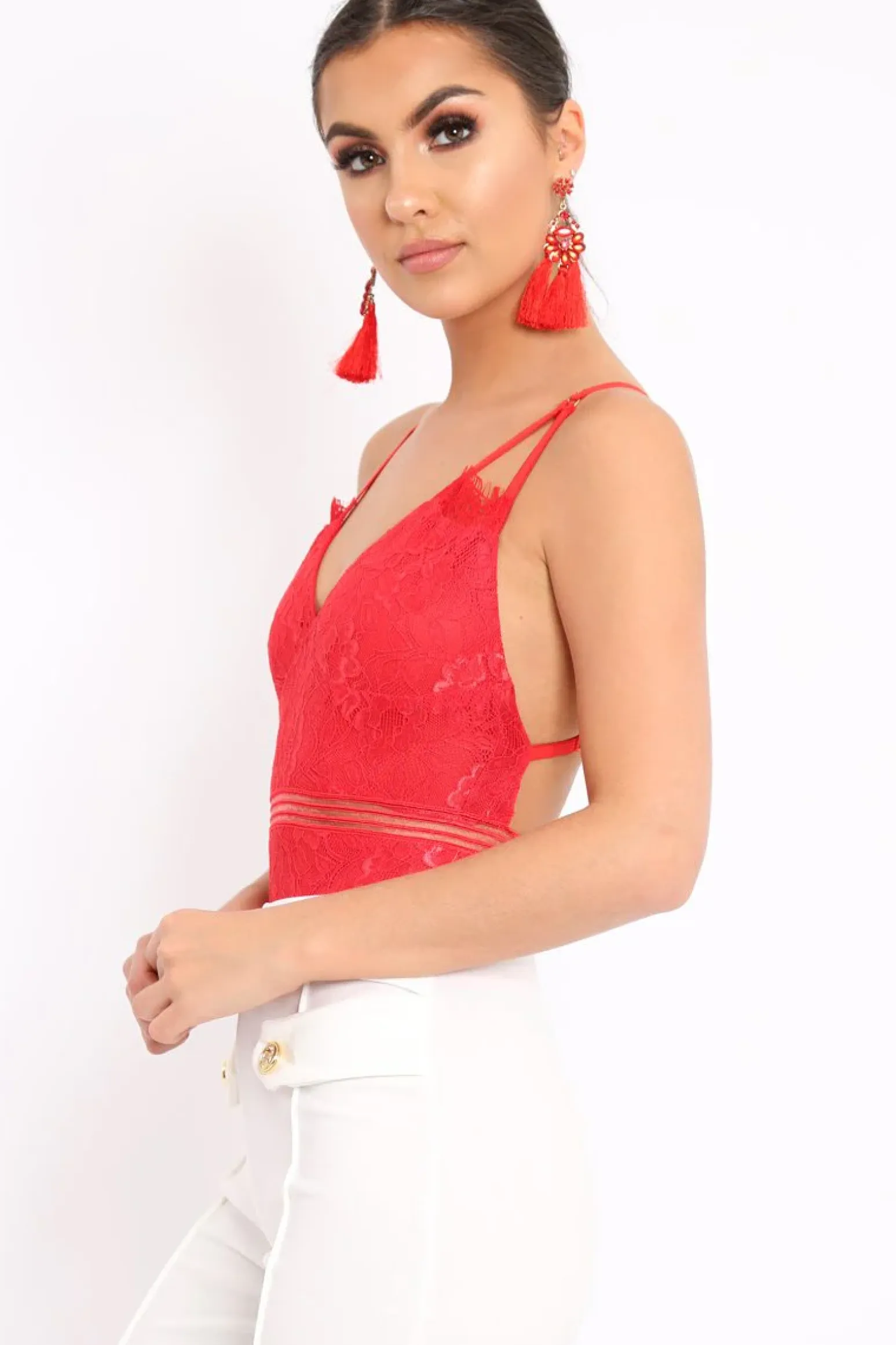 Rebellious Fashion Red Lace Open Back Bodysuit - Naomie