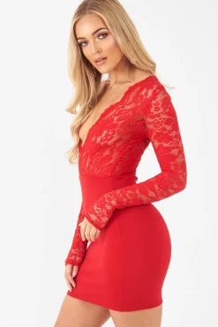 Rebellious Fashion Red Lace Plunge Front Mini Dress - Camrena