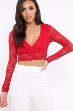Rebellious Fashion Red Lace Plunge Scalloped Hem Crop Top - Elouise