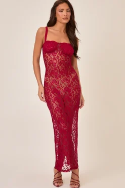 Rebellious Fashion Red Lace Sheer Maxi Dress - Atlanta