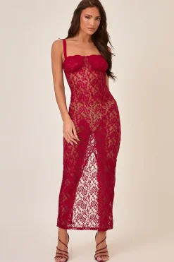 Rebellious Fashion Red Lace Sheer Maxi Dress - Atlanta