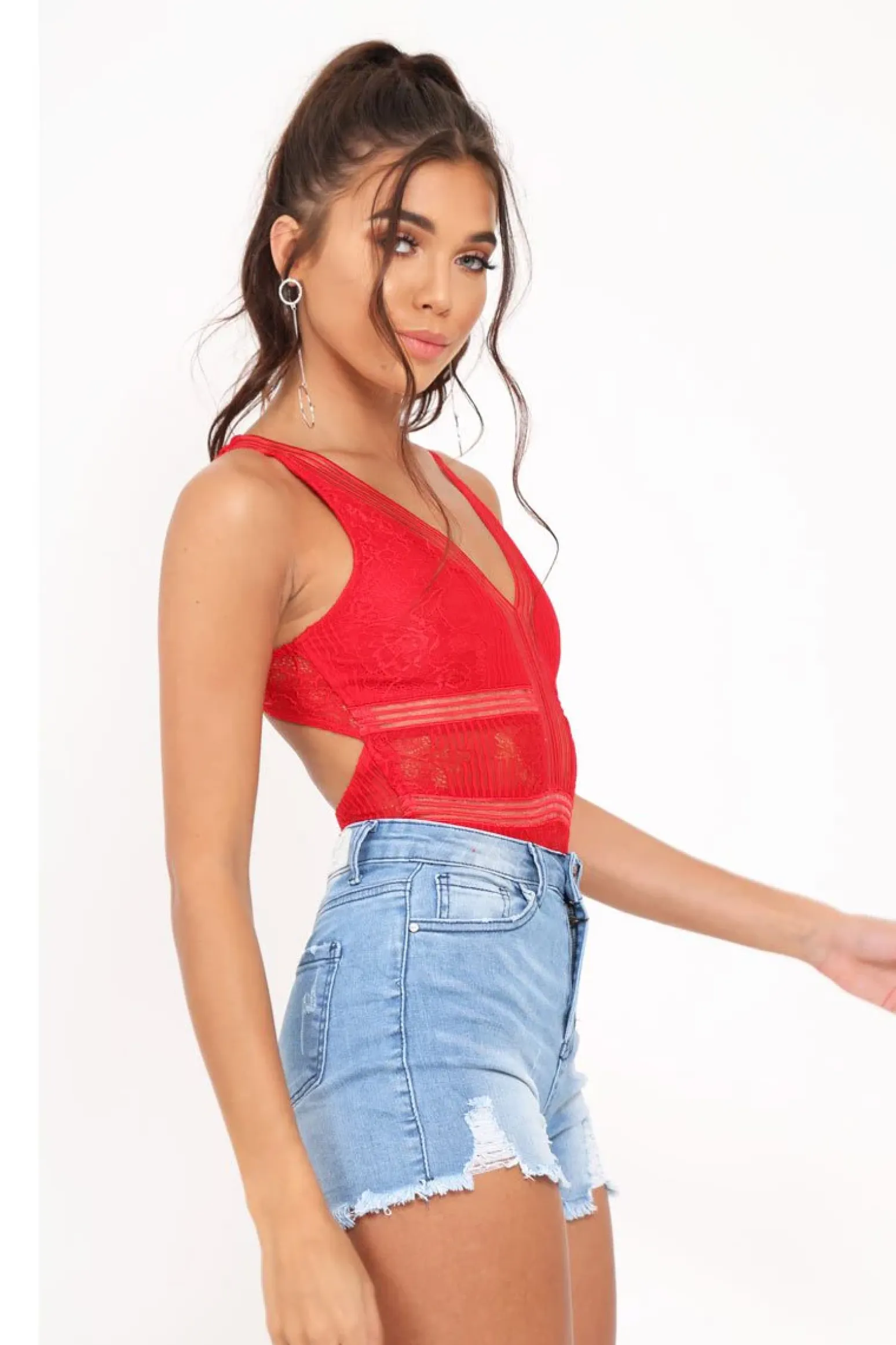 Rebellious Fashion Red Lace Sleeveless Open Back Bodysuit - Molina