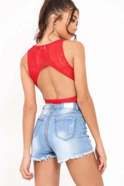 Rebellious Fashion Red Lace Sleeveless Open Back Bodysuit - Molina