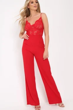 Rebellious Fashion Red Lace Top Jumpsuit - Alicea