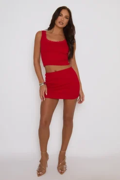 Rebellious Fashion Red Lace Trim Jersey Top and Mini Skirt Co-Ord Set - Patience