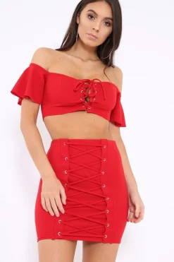 Rebellious Fashion Red Lace Up Crop Top And Skirt Co-ord - Pixie