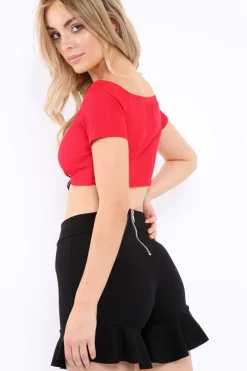 Rebellious Fashion Red Lace Up Front Ribbed Crop Top - Keegan