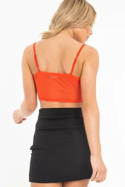 Rebellious Fashion Red Lace Up Mesh Detail Plunge Crop Top - Mimi