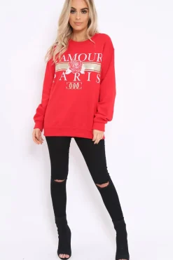 Rebellious Fashion Red L'amour Paris Slogan Sweatshirt - Lucy