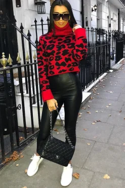 Rebellious Fashion Red Leopard Crop Roll Neck Jumper - Halley