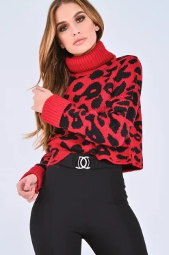 Rebellious Fashion Red Leopard Crop Roll Neck Jumper - Halley