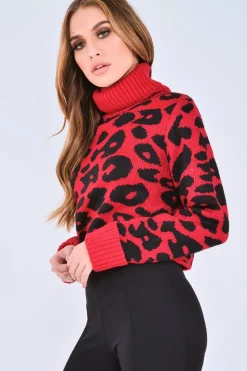 Rebellious Fashion Red Leopard Crop Roll Neck Jumper - Halley