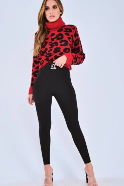 Rebellious Fashion Red Leopard Crop Roll Neck Jumper - Halley