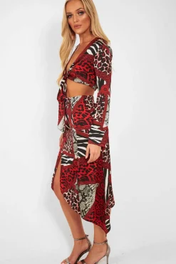 Rebellious Fashion Red Leopard Mix Print Split Front Midi Skirt - Valera