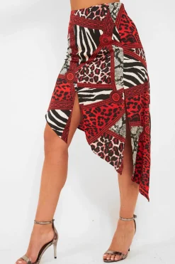 Rebellious Fashion Red Leopard Mix Print Split Front Midi Skirt - Valera