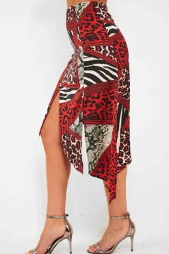 Rebellious Fashion Red Leopard Mix Print Split Front Midi Skirt - Valera