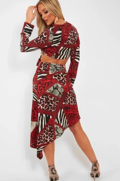Rebellious Fashion Red Leopard Mix Print Split Front Midi Skirt - Valera