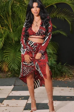 Rebellious Fashion Red Leopard Plunge Tie Front Blouse - Sedonia