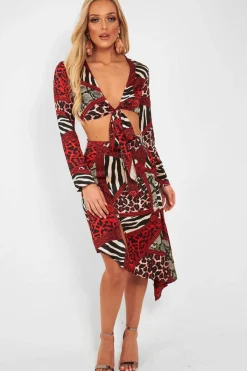 Rebellious Fashion Red Leopard Plunge Tie Front Blouse - Sedonia