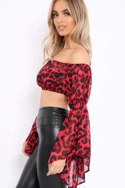Rebellious Fashion Red Leopard Print Flared Sleeves Sheer Crop Top - Jordan