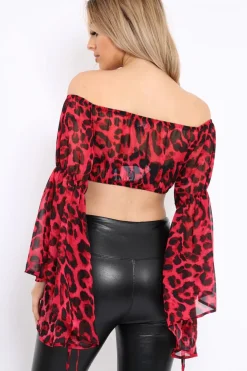 Rebellious Fashion Red Leopard Print Flared Sleeves Sheer Crop Top - Jordan