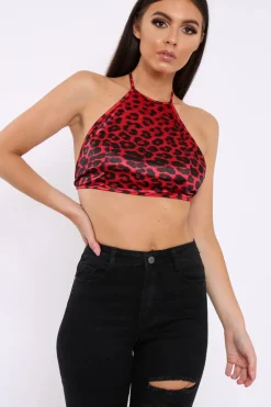 Rebellious Fashion Red Leopard Print Halterneck Crop Top - Emrie
