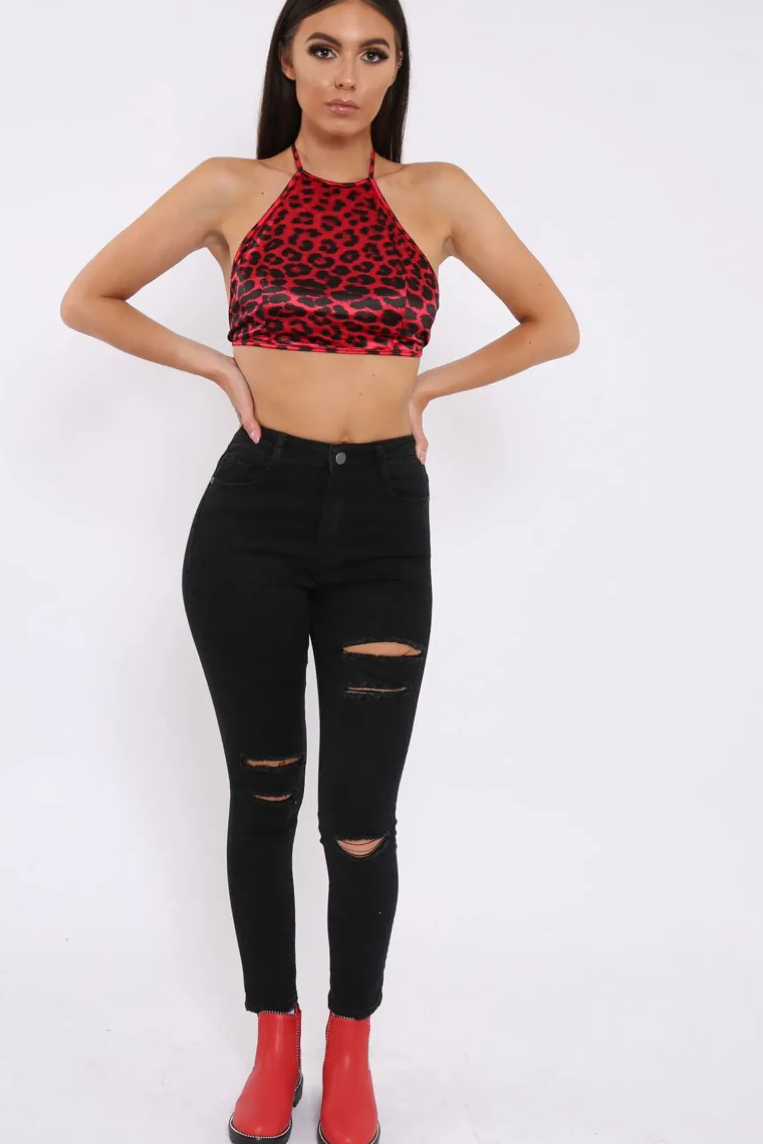 Rebellious Fashion Red Leopard Print Halterneck Crop Top - Emrie
