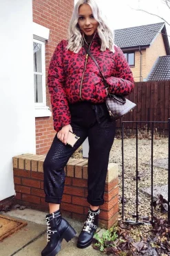 Rebellious Fashion Red Leopard Print Puffer Coat - Shona