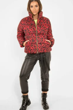 Rebellious Fashion Red Leopard Print Puffer Coat - Shona