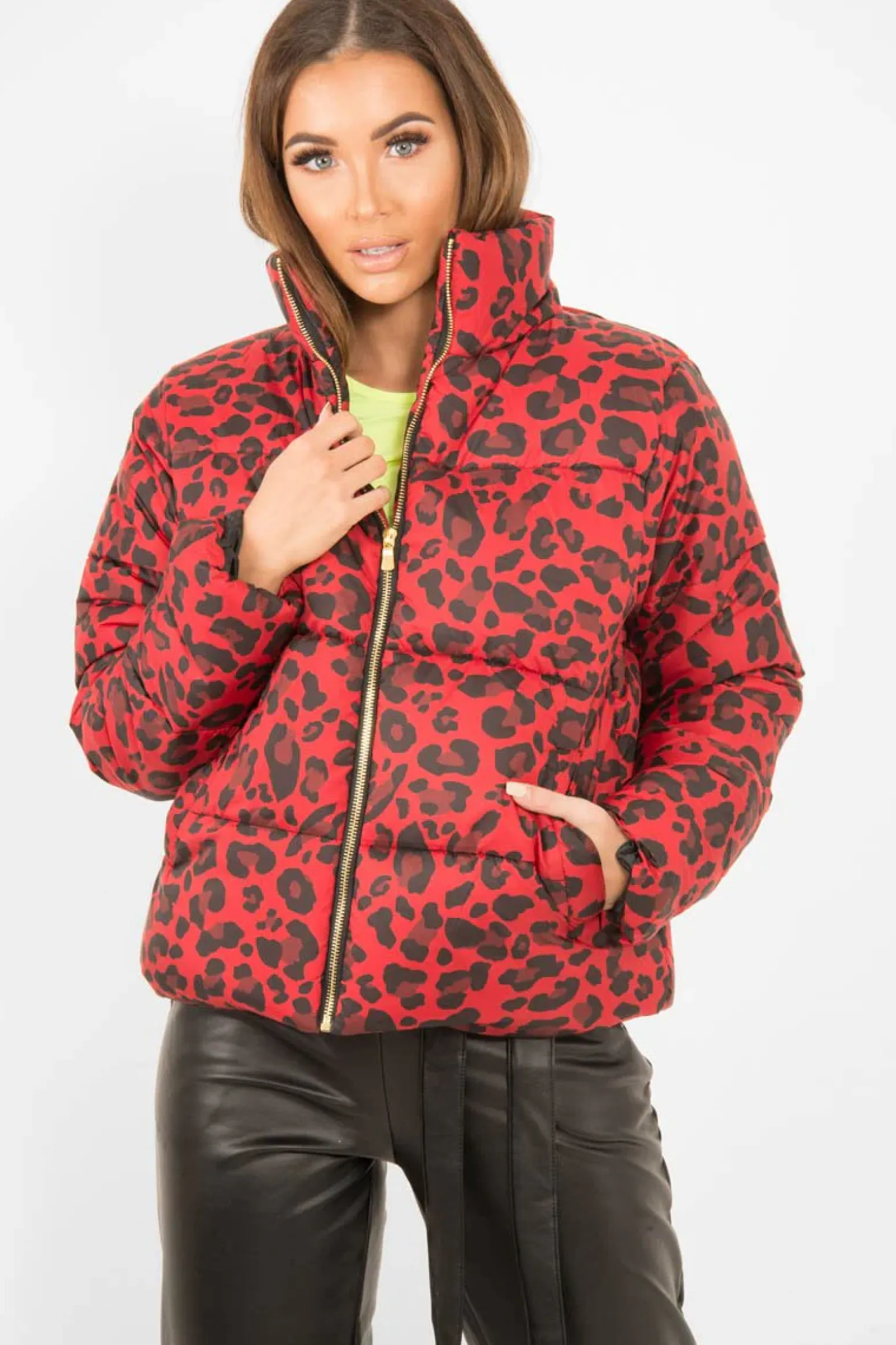 Rebellious Fashion Red Leopard Print Puffer Coat - Shona