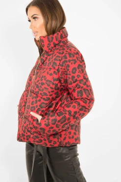 Rebellious Fashion Red Leopard Print Puffer Coat - Shona