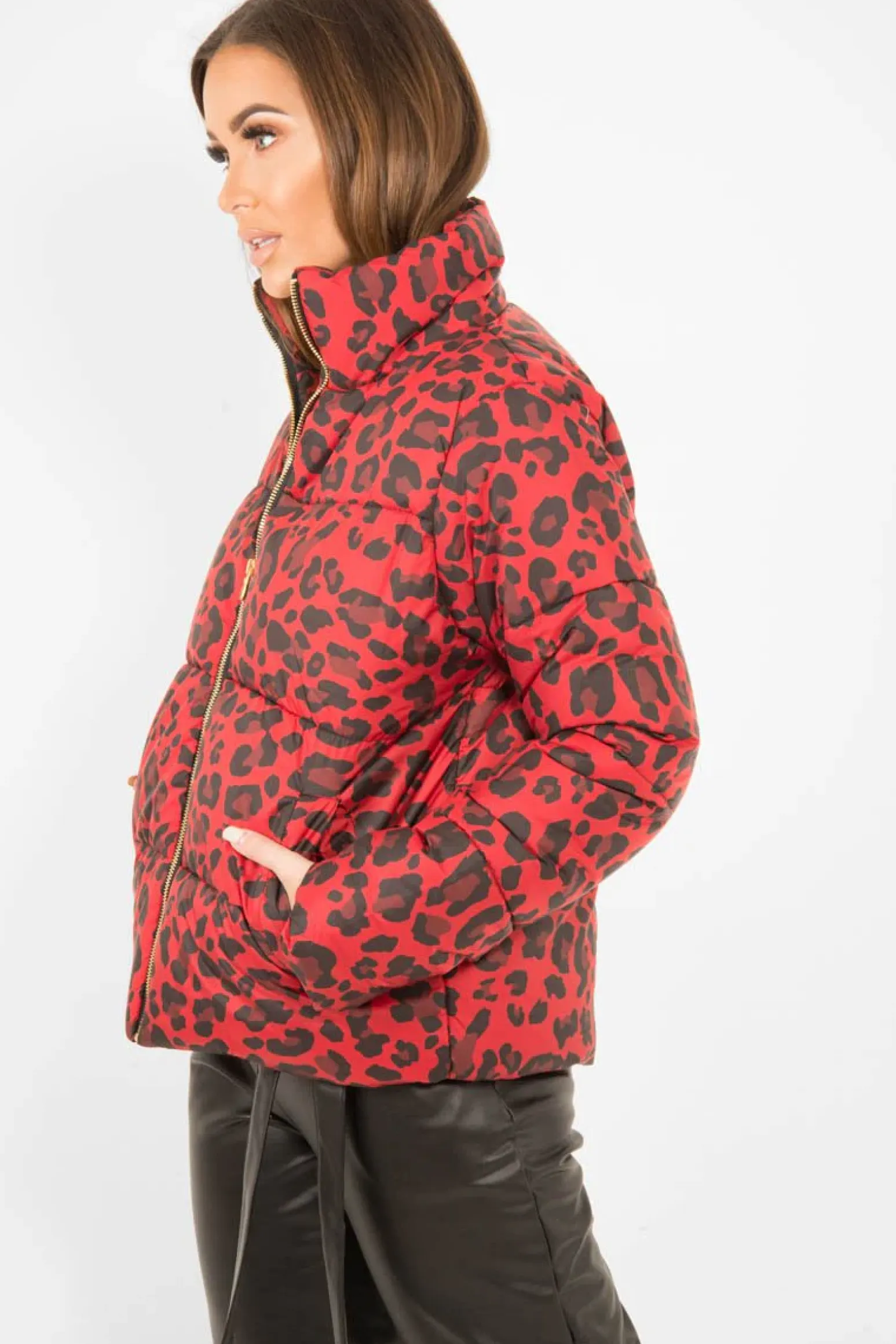 Rebellious Fashion Red Leopard Print Puffer Coat - Shona