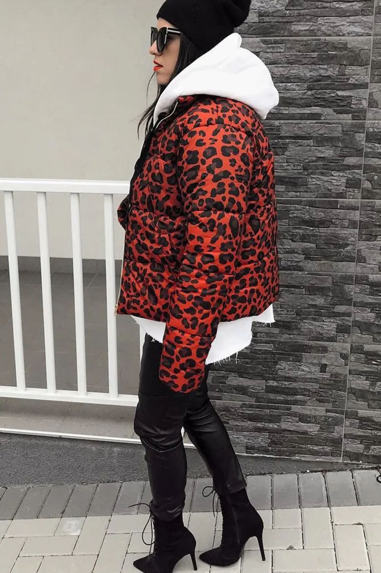 Rebellious Fashion Red Leopard Print Puffer Coat - Shona