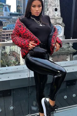 Rebellious Fashion Red Leopard Print Puffer Coat - Shona